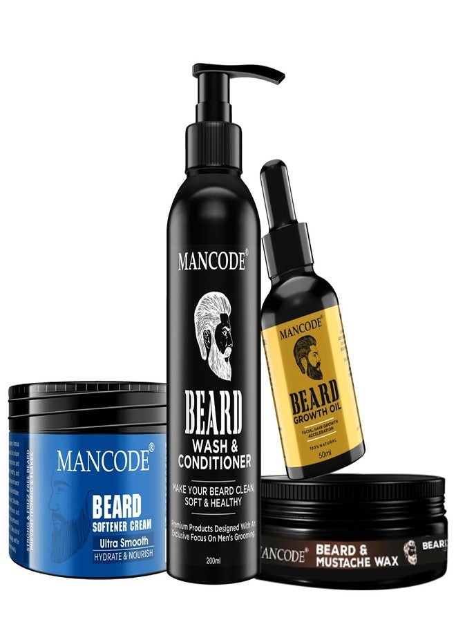 MAN CODE MANCODE Beard Grooming Kit - Beard Growth Oil 50 ml | Beard Wash and Conditioner 200 ml | Beard Softener Cream 100gm | Beard & Mustache Wax for Men 50 gm - Beard Care Kit for Men (Pack of 4) - Image 1